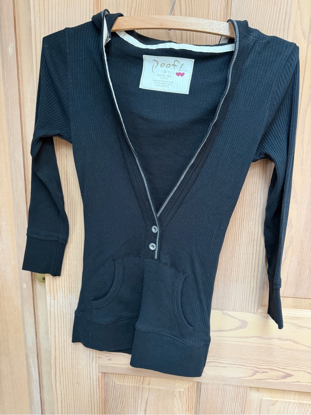 Poof! Black Ribbed Henley Hoodie Top with Kangaroo Pocket